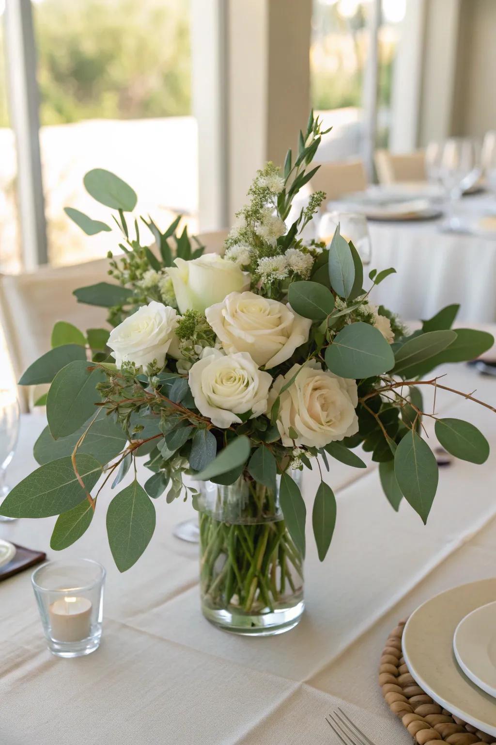 A timeless blend of sage green leaves and white flowers, radiating pure sophistication.