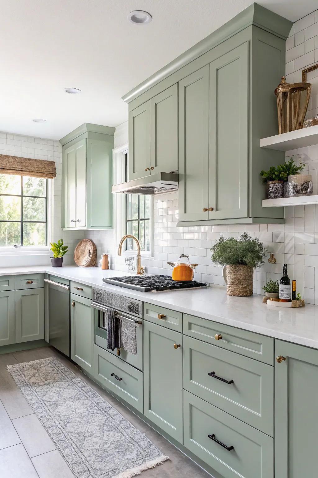 Sage green cabinets partnered with pristine white countertops.