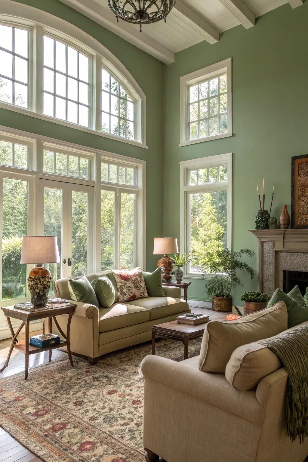 Sage green walls, embraced by natural light, conjure a peaceful ambiance.