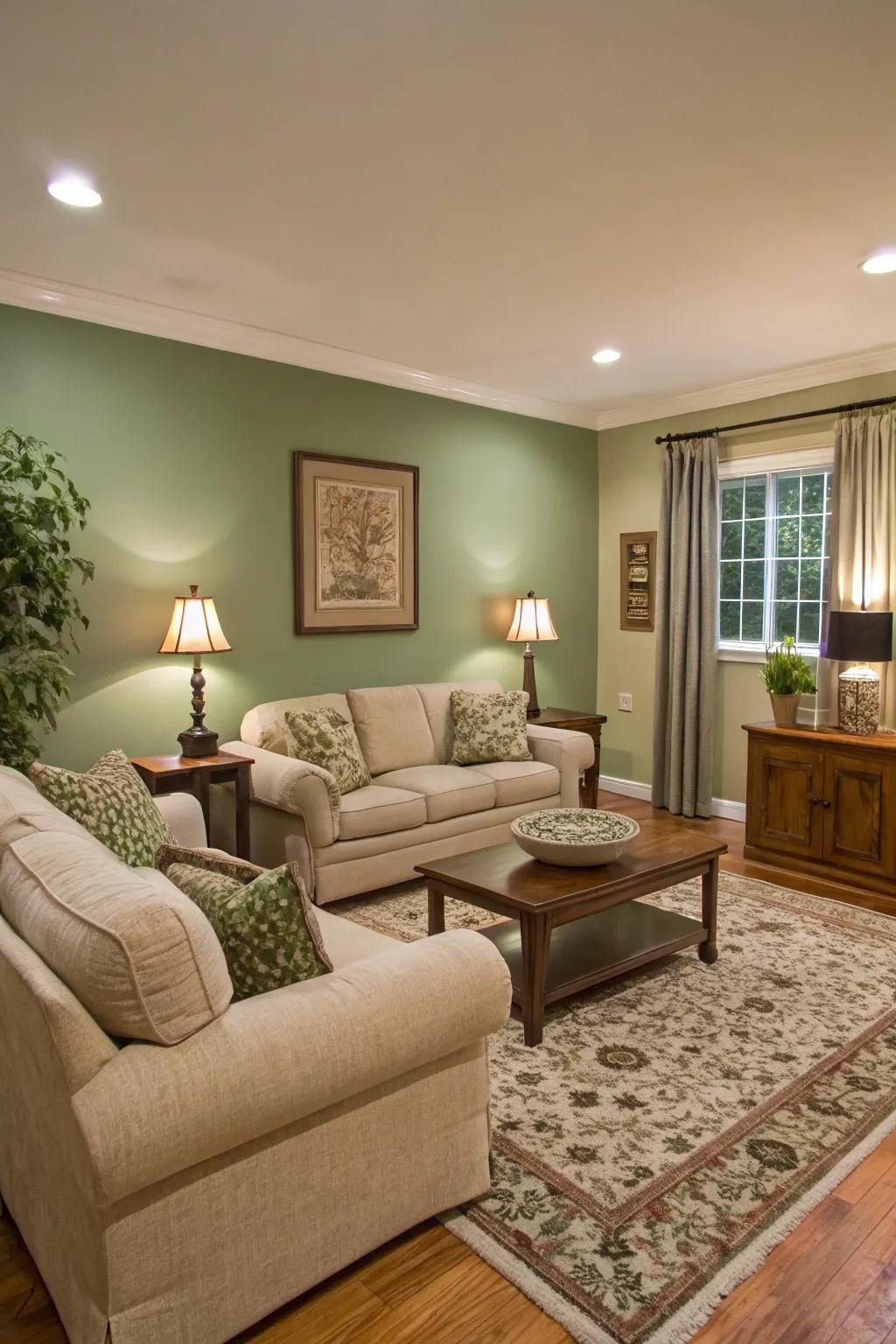 A parlor showcasing a misty green accent wall as a striking centerpiece.