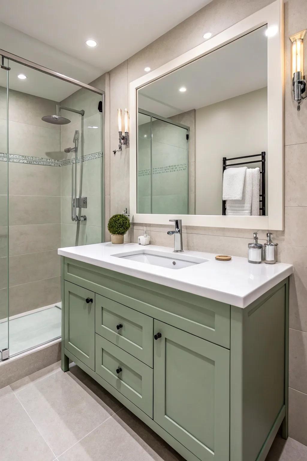 A modern bathroom design showcasing a streamlined sage green vanity with white countertops.