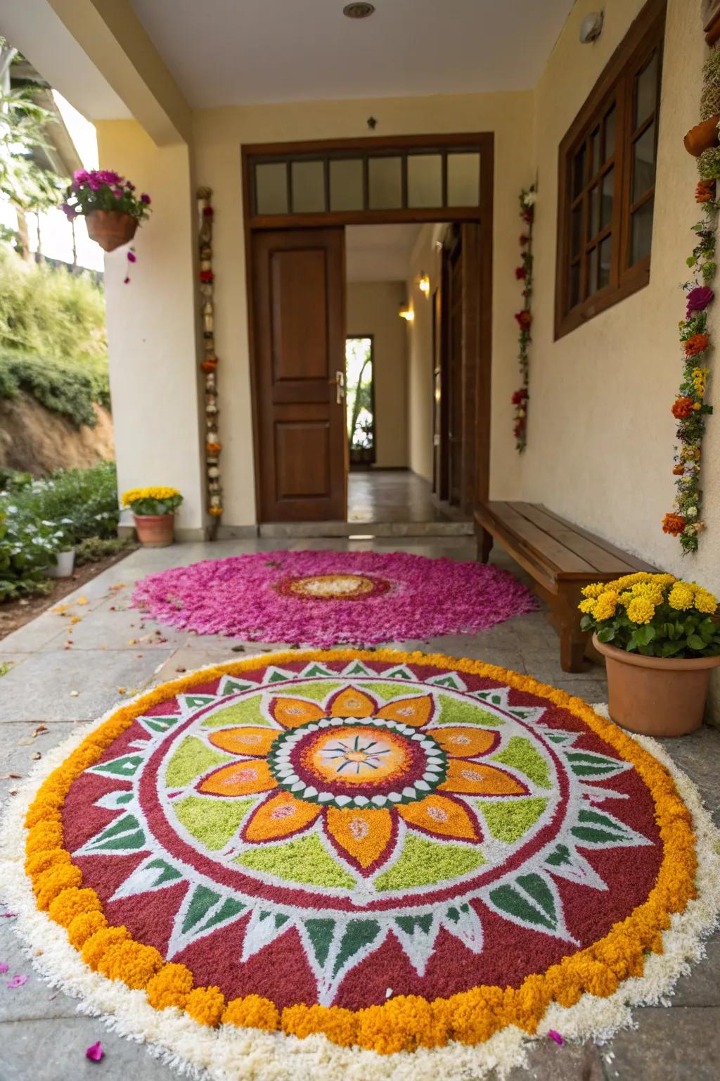 A vibrant floor art design extends a warm welcome with its intricate patterns.