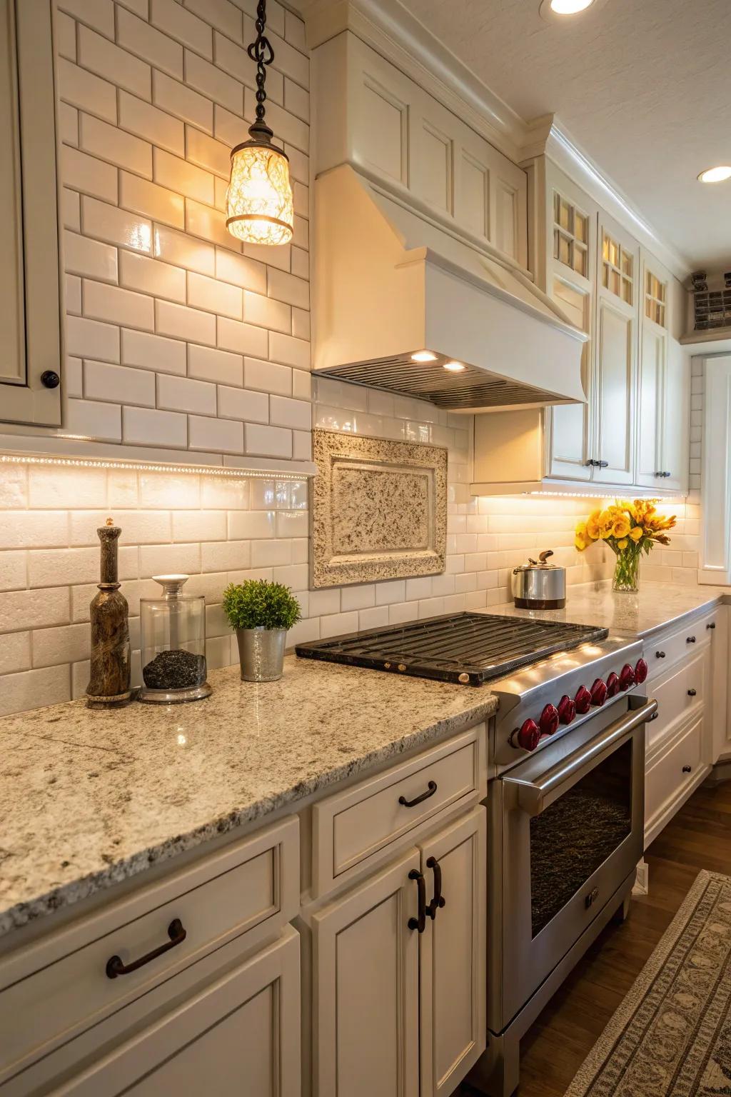 Classic white tiles paired with Santa Cecilia granite for a timeless look.