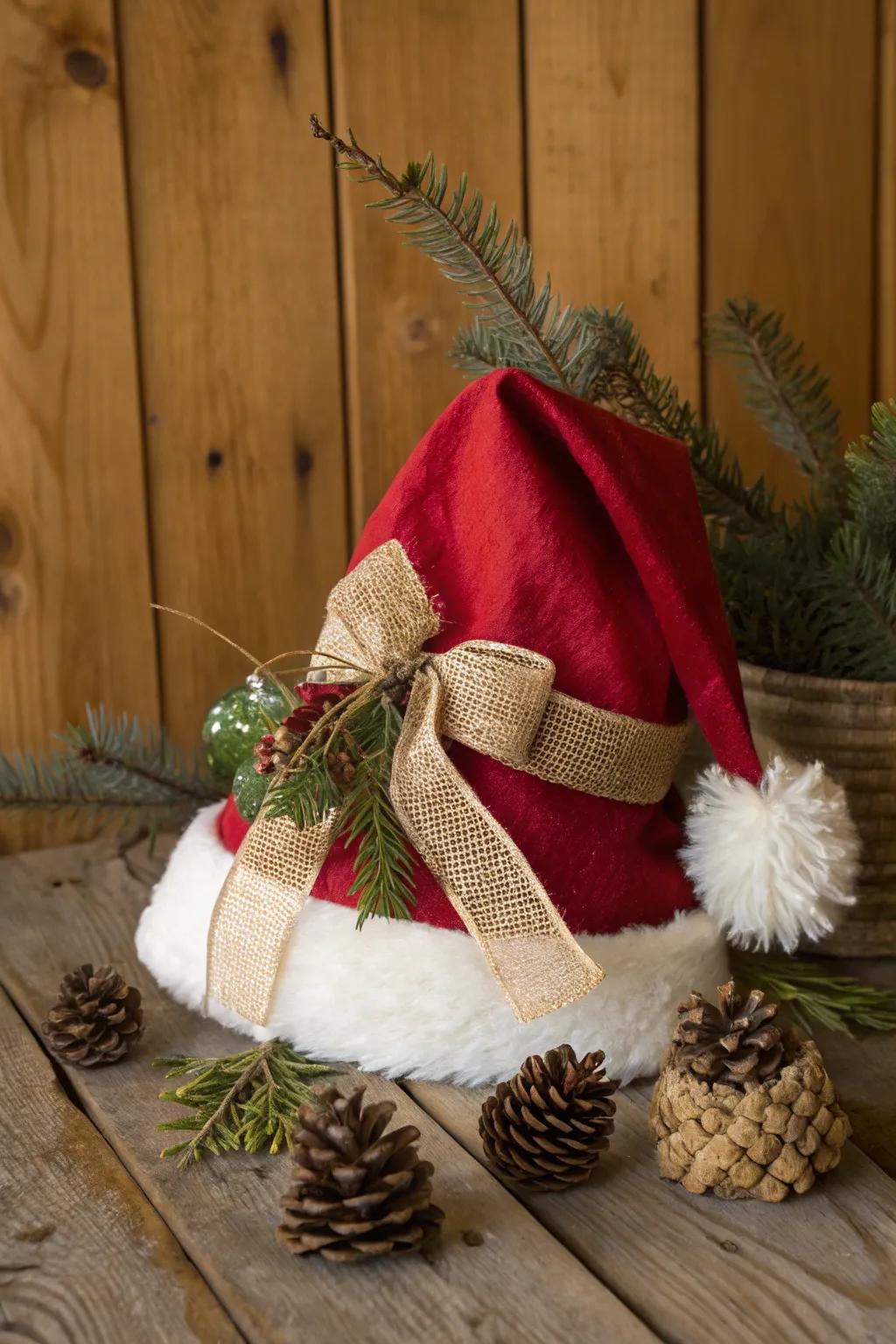Capture the essence of rustic charm with homespun fabric and elements from nature on your Santa hat.