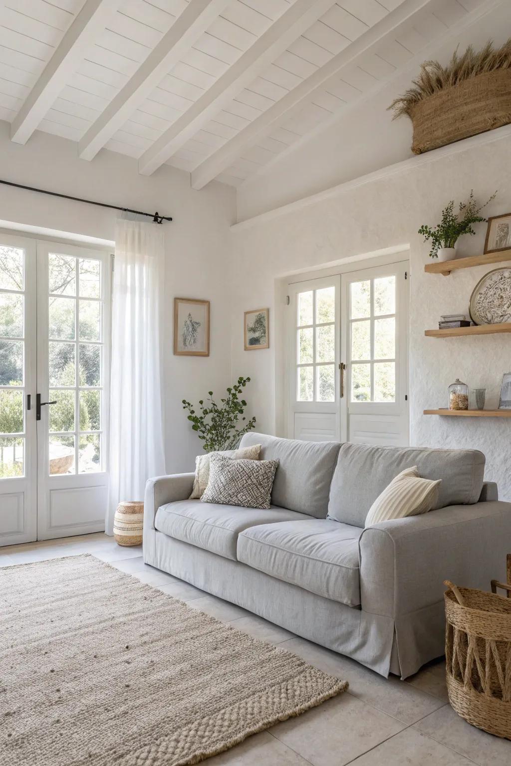 A serene living area showcases a neutral color foundation that maximizes natural light.
