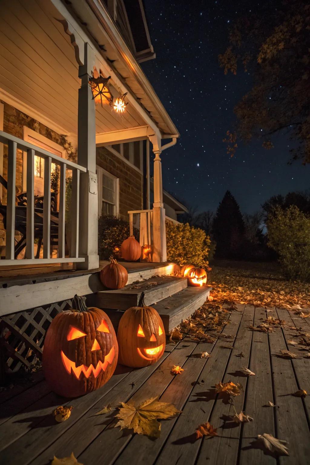 Sculpted pumpkins project an eerie glow on a Halloween evening.