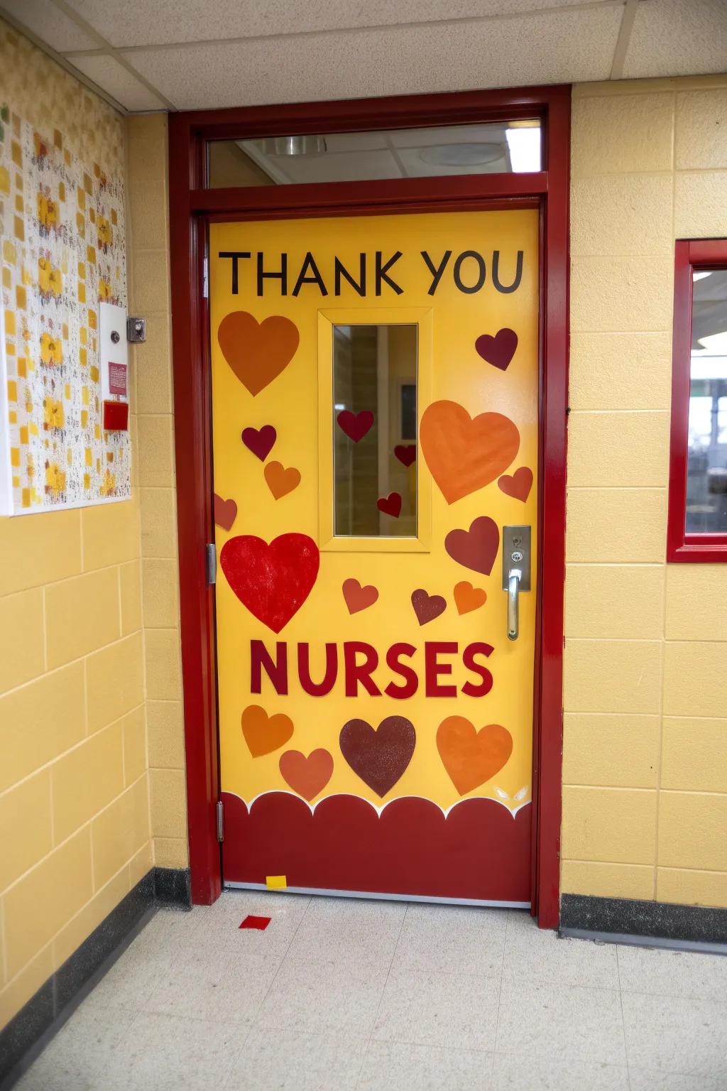The clinic door at school, adorned with hearts along with a heartfelt 'Nurses: We Appreciate You' message.