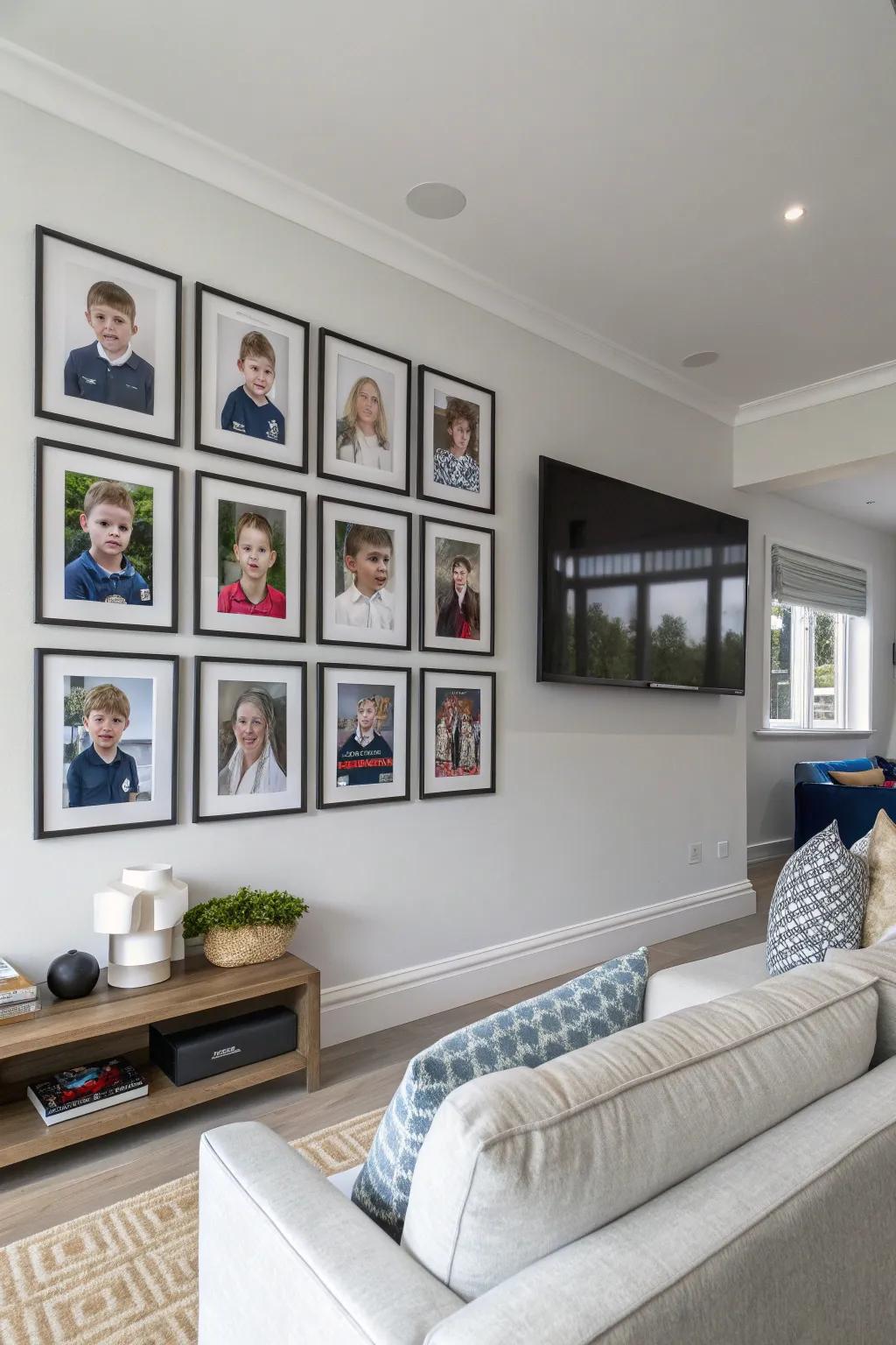 A gallery wall arranged chronologically with school photos.