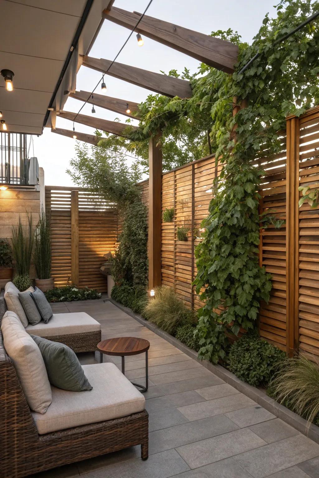 A snug patio showcasing a timber screen wall, offering both solitude and tranquility.