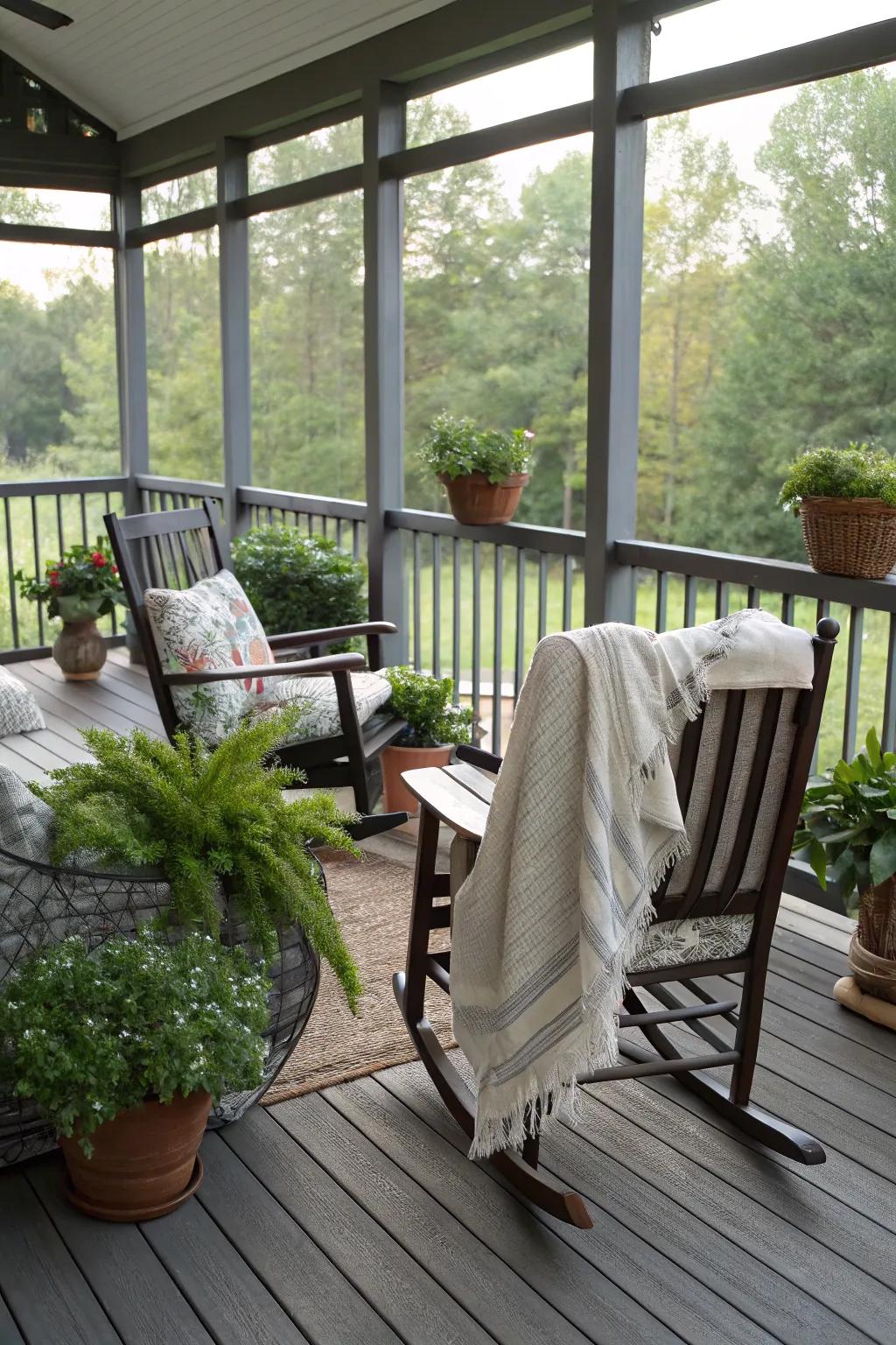 A timeless cozy design that transforms your screened-in deck into a comforting sanctuary.