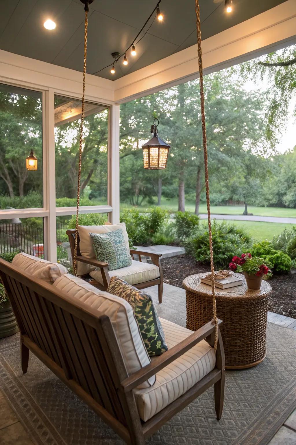A comfortable seating area featuring a swing on a screened-in lanai.