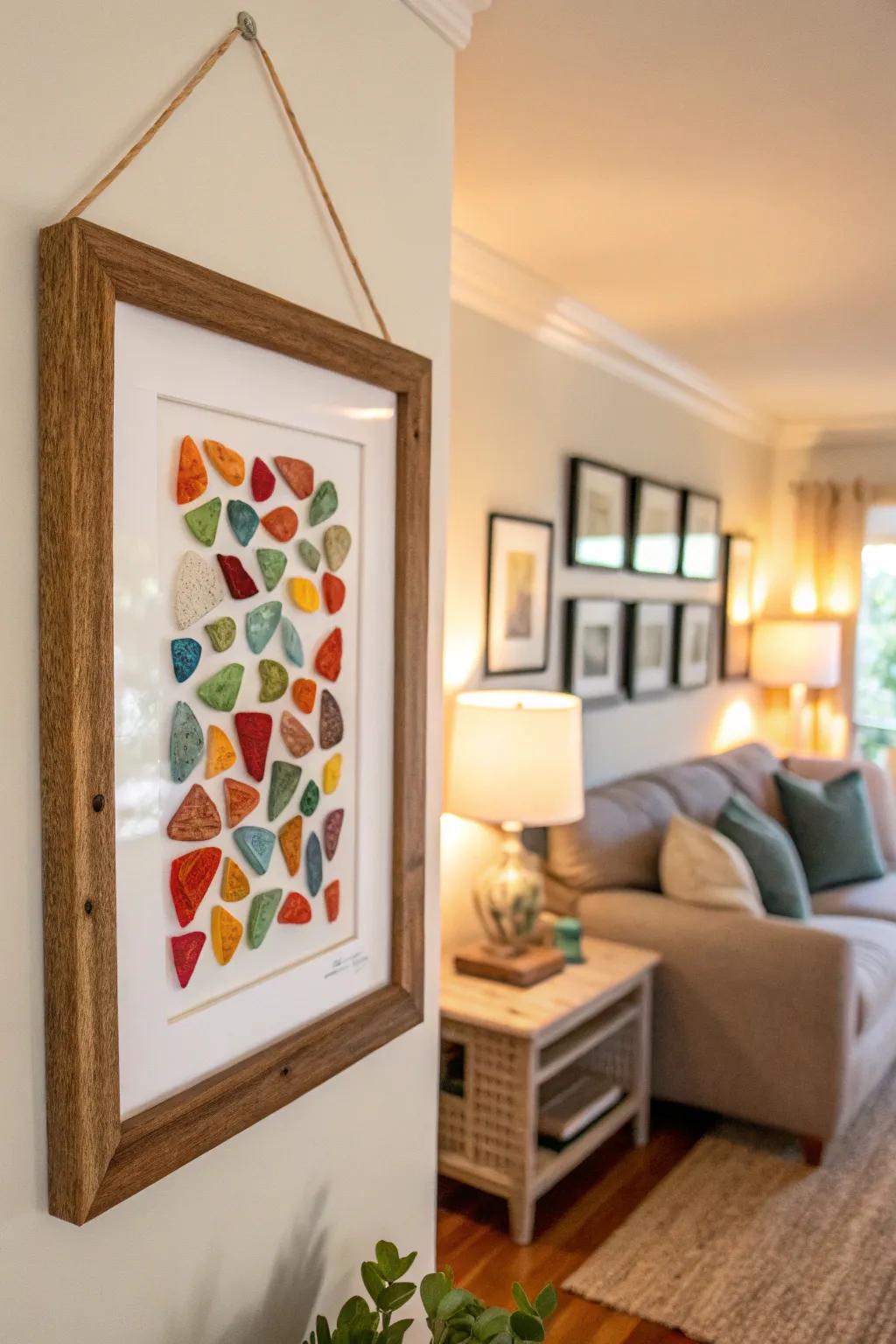 Framed sea glass art brings color and texture to any room.