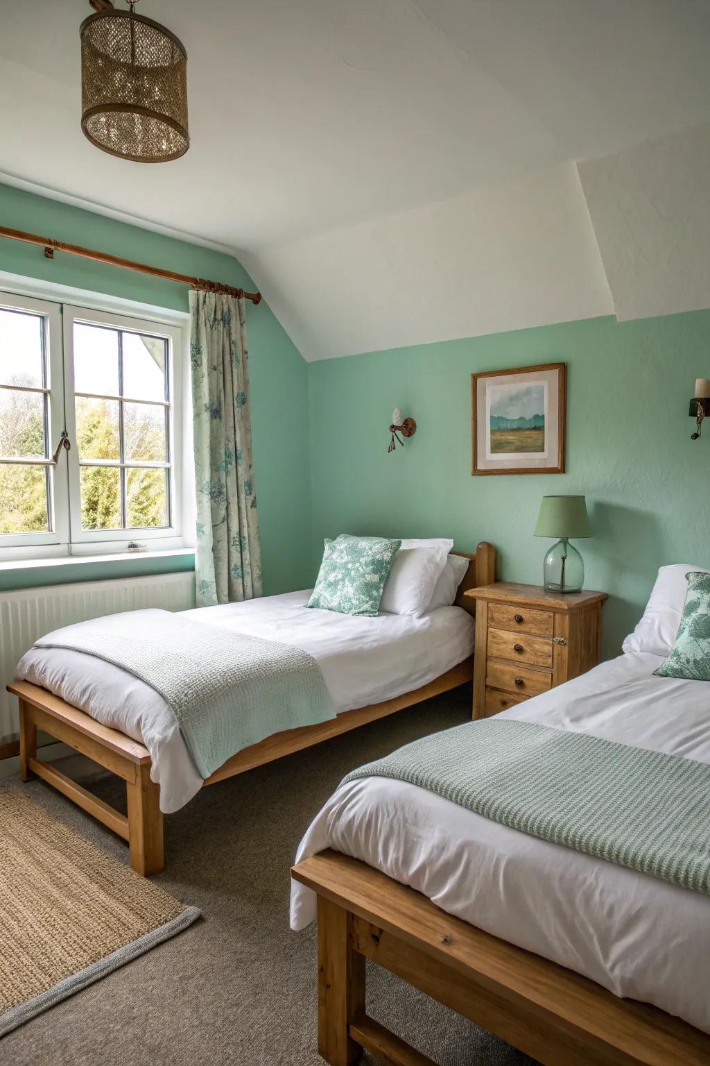 A bedroom sanctuary with seafoam green walls and light bedding.
