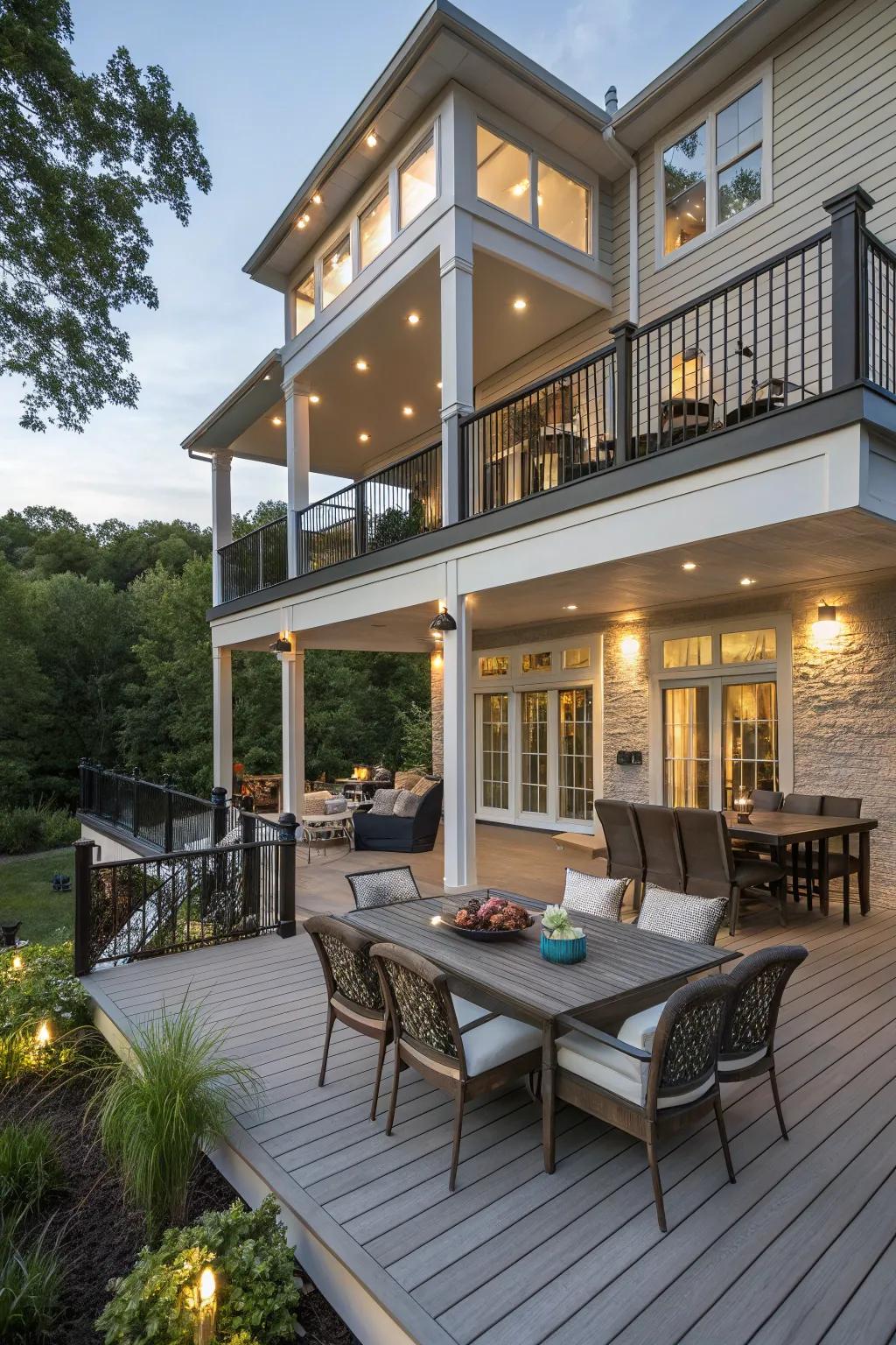 A multi-tiered deck providing separate areas for different uses, enhancing both aesthetics and practicality.