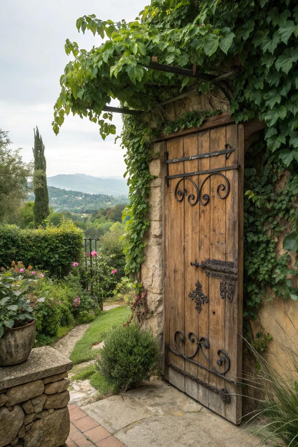 Rustic charm intermingles with nature at this secret garden's threshold.