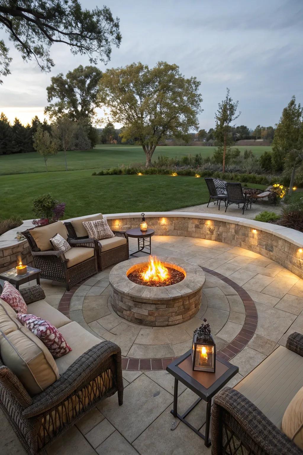 A semi-circular patio featuring a centrally located fire pit, creating an inviting social space.