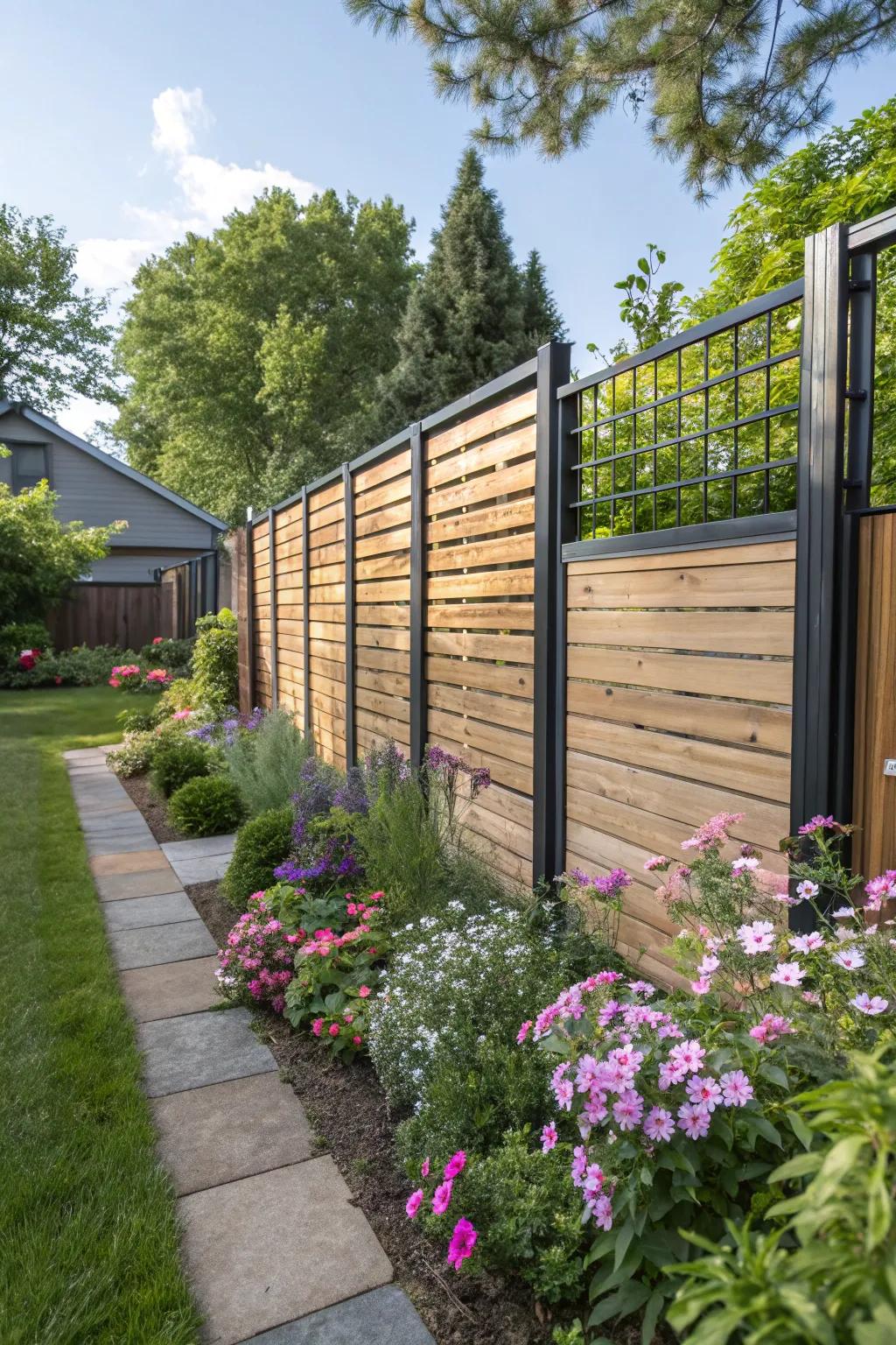 A chic fusion of timber and metal crafts a modern, partially private fence within a snug garden setting.