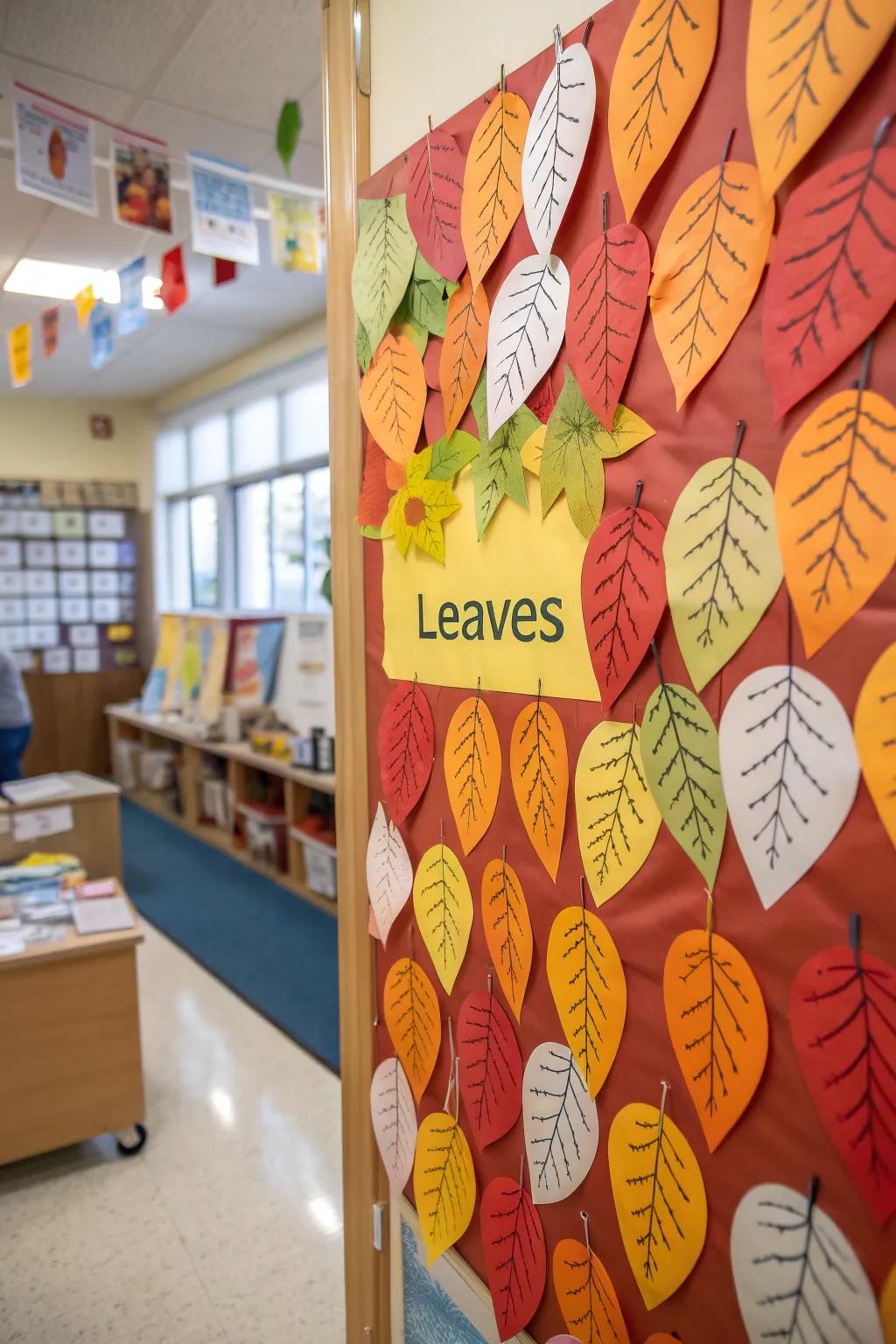 A preschool bulletin board adorned with paper leaves, each bearing a child's name.