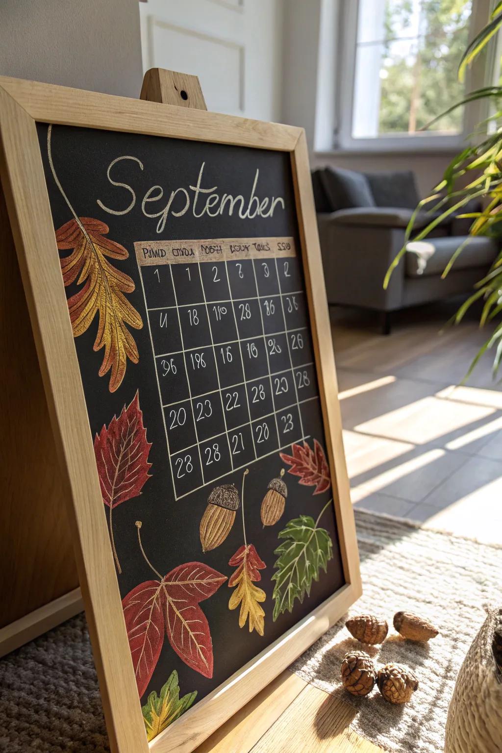 A captivating September calendar on a chalkboard, decorated with autumnal leaves and acorns.