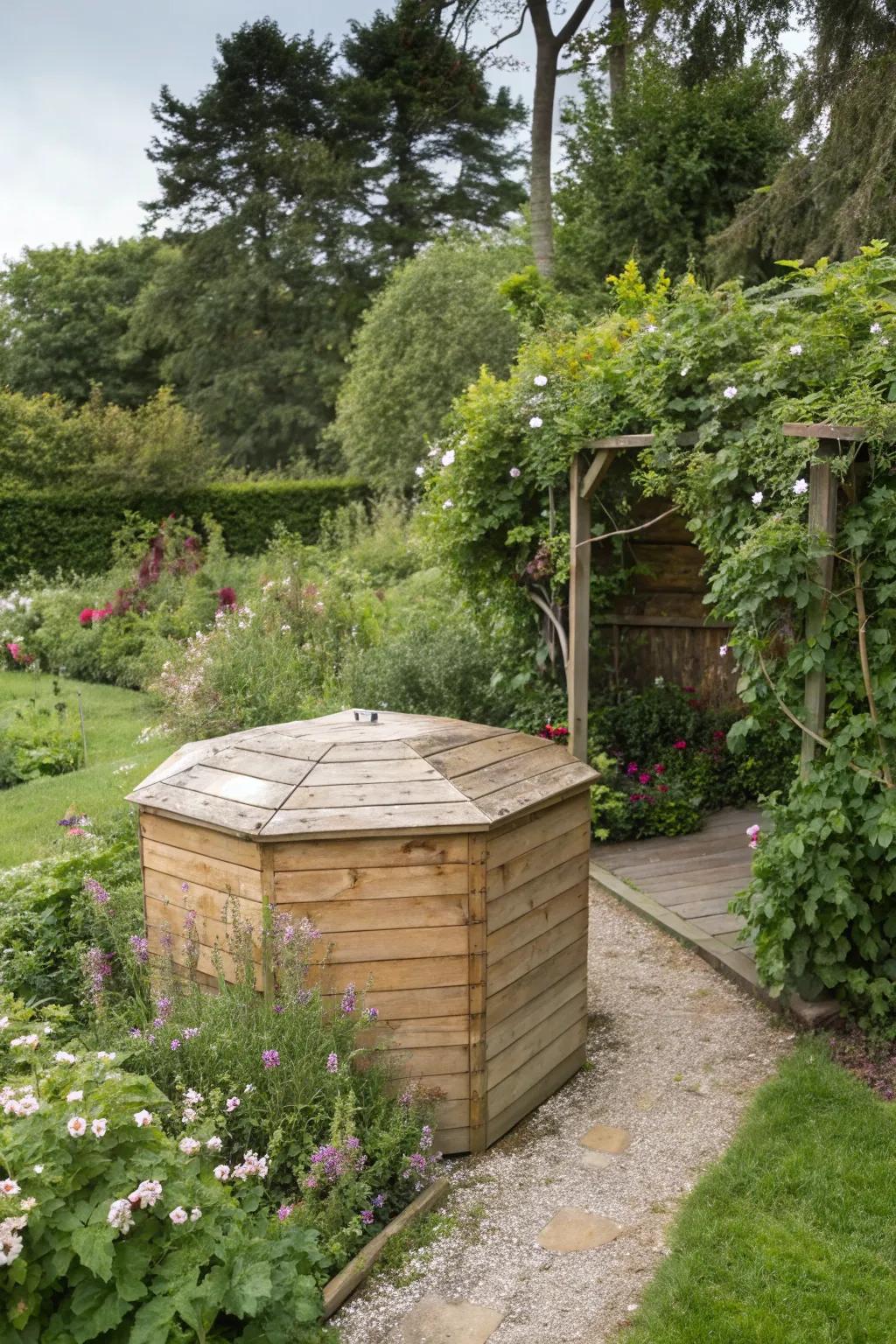 A geometric wooden enclosure marries elegance with utility.