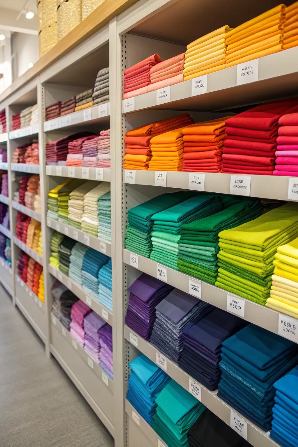 A rainbow textile display introduces both aesthetic and structure.