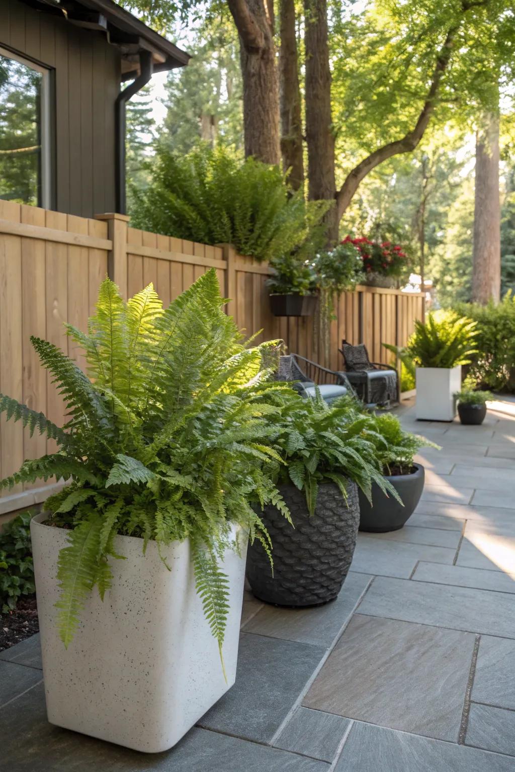 A shaded outdoor area enhanced with diverse, lush ferns in ornamental containers.
