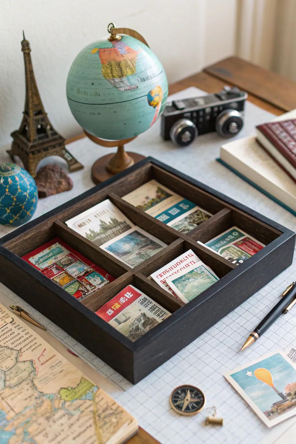 A wanderlust keepsake box filled with travel treasures.