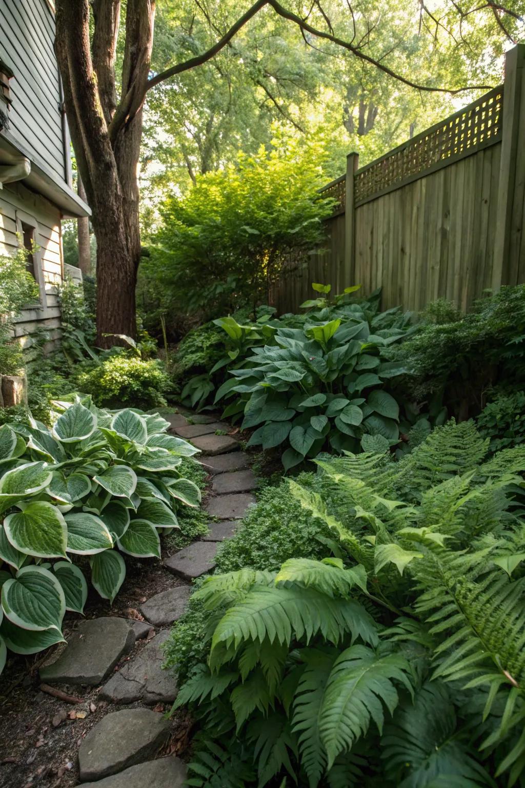 Hostas and ferns crafting a vivid green haven in the shade.