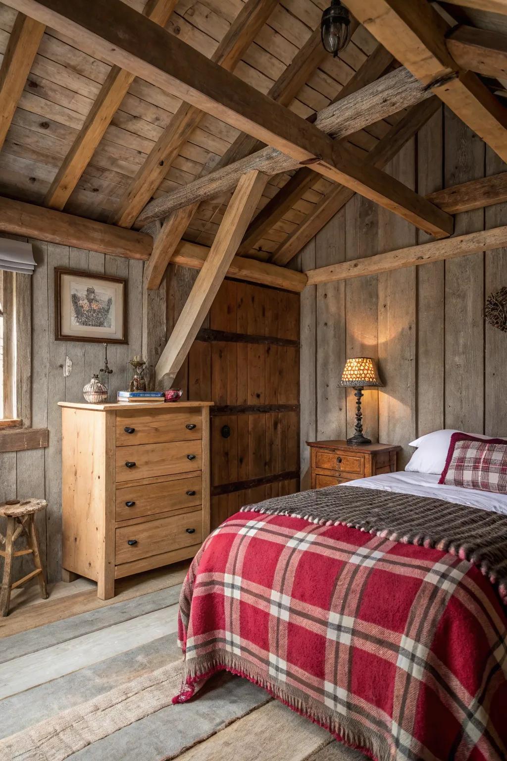 Rustic elegance intertwines with ease in this setting, showcasing visible beams and repurposed wood accents.