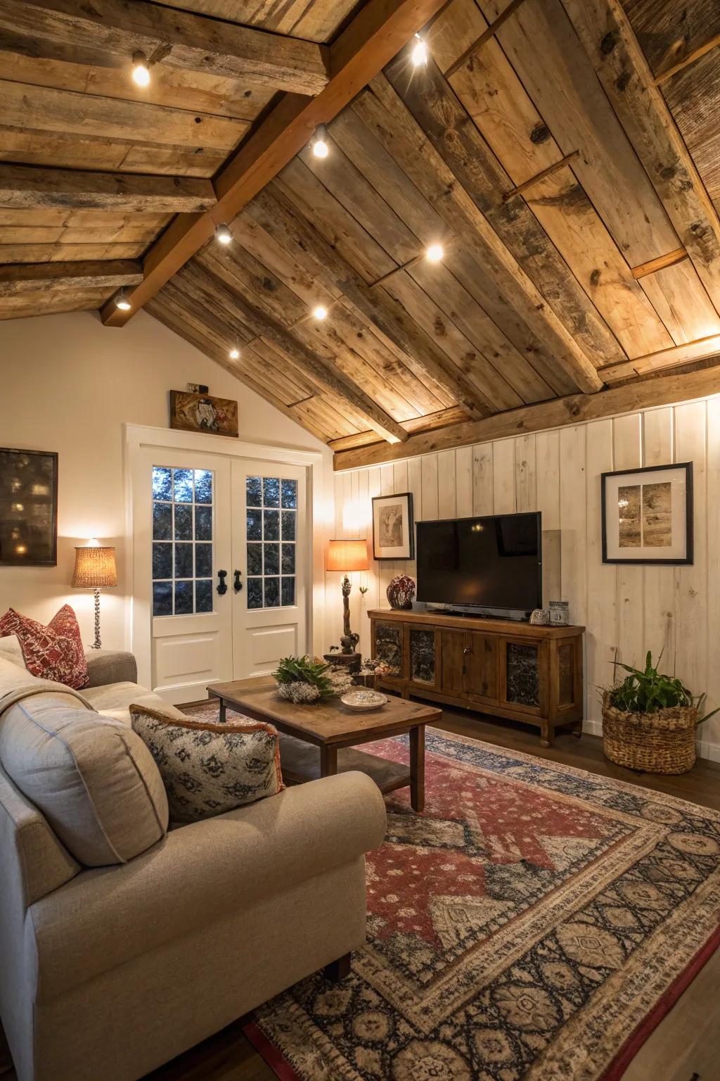 A snug living space boasting a captivating timber shed ceiling.
