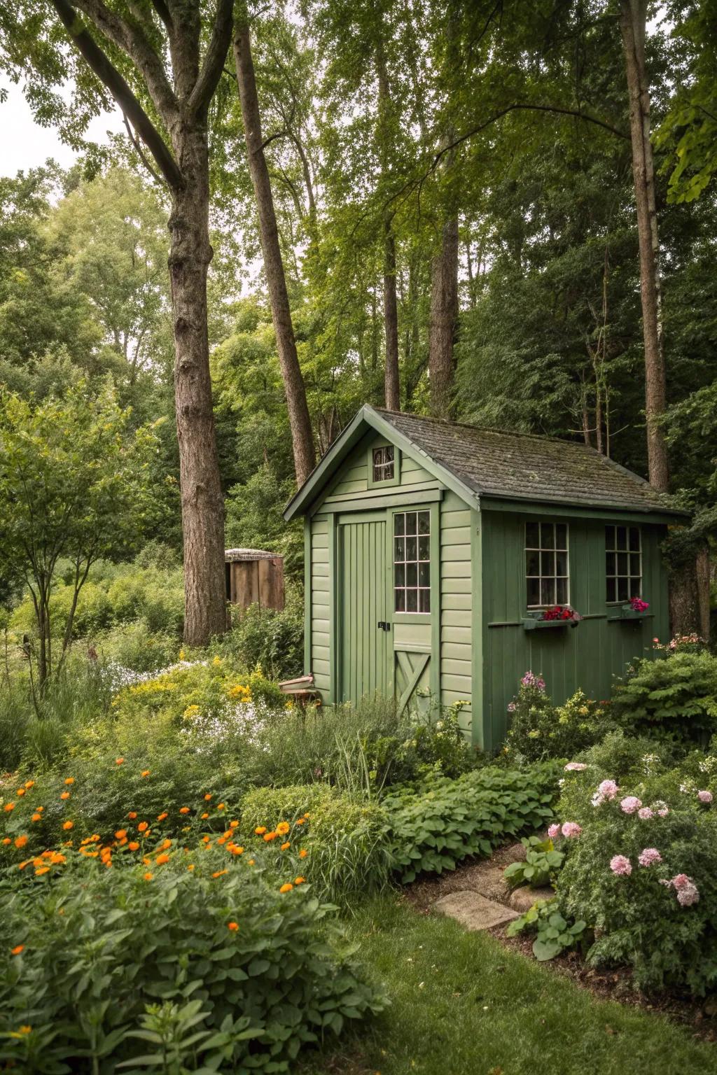 Earthy greens allow your shed to merge effortlessly into its natural setting.