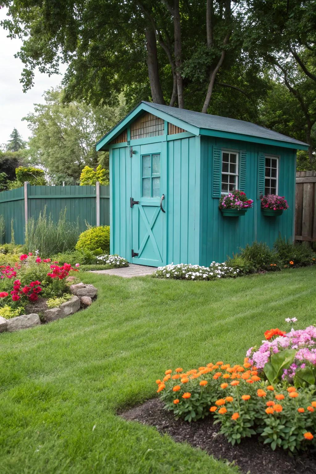 A garden shed transformed with a vibrant turquoise paint job.