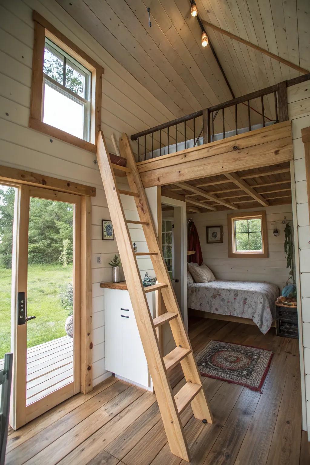 A shed dwelling showcasing a loft bedroom accessed by a stairway, maximizing vertical space.