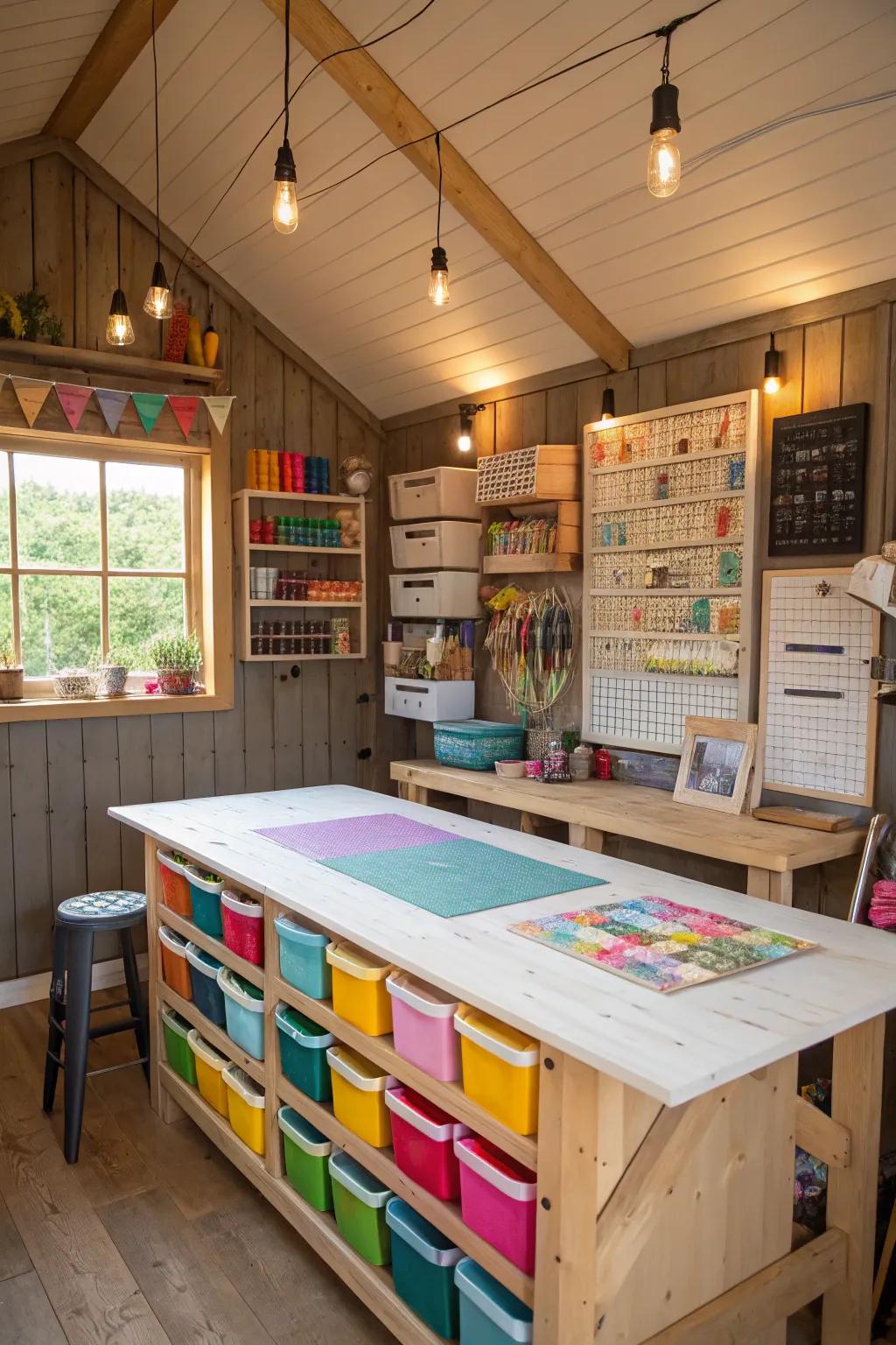 A crafting haven in a shed, featuring organized supplies and a generous worktable for all kinds of creative ventures.
