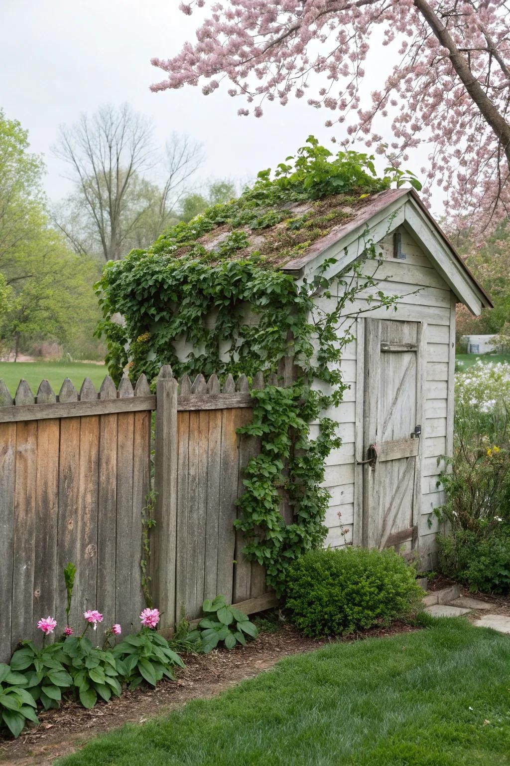 An outdoor building easily coordinates with its surroundings, nestled against a simple wood fence.
