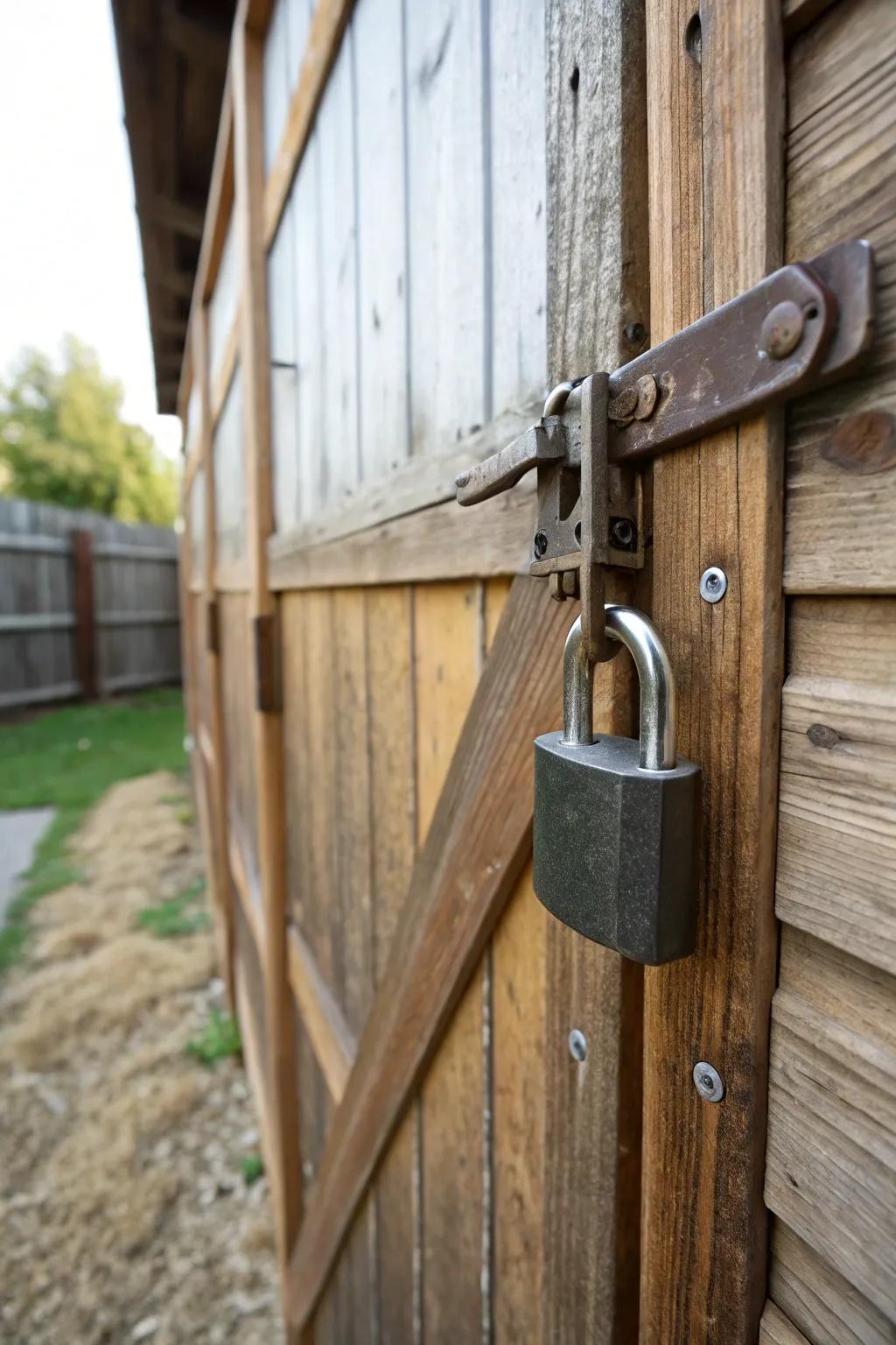A heavy-duty lock safeguards a wooden shed door, underscoring security.