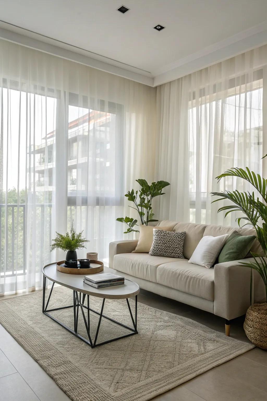 Ethereal drapes enhance contemporary design, forging a welcoming and unified main room.