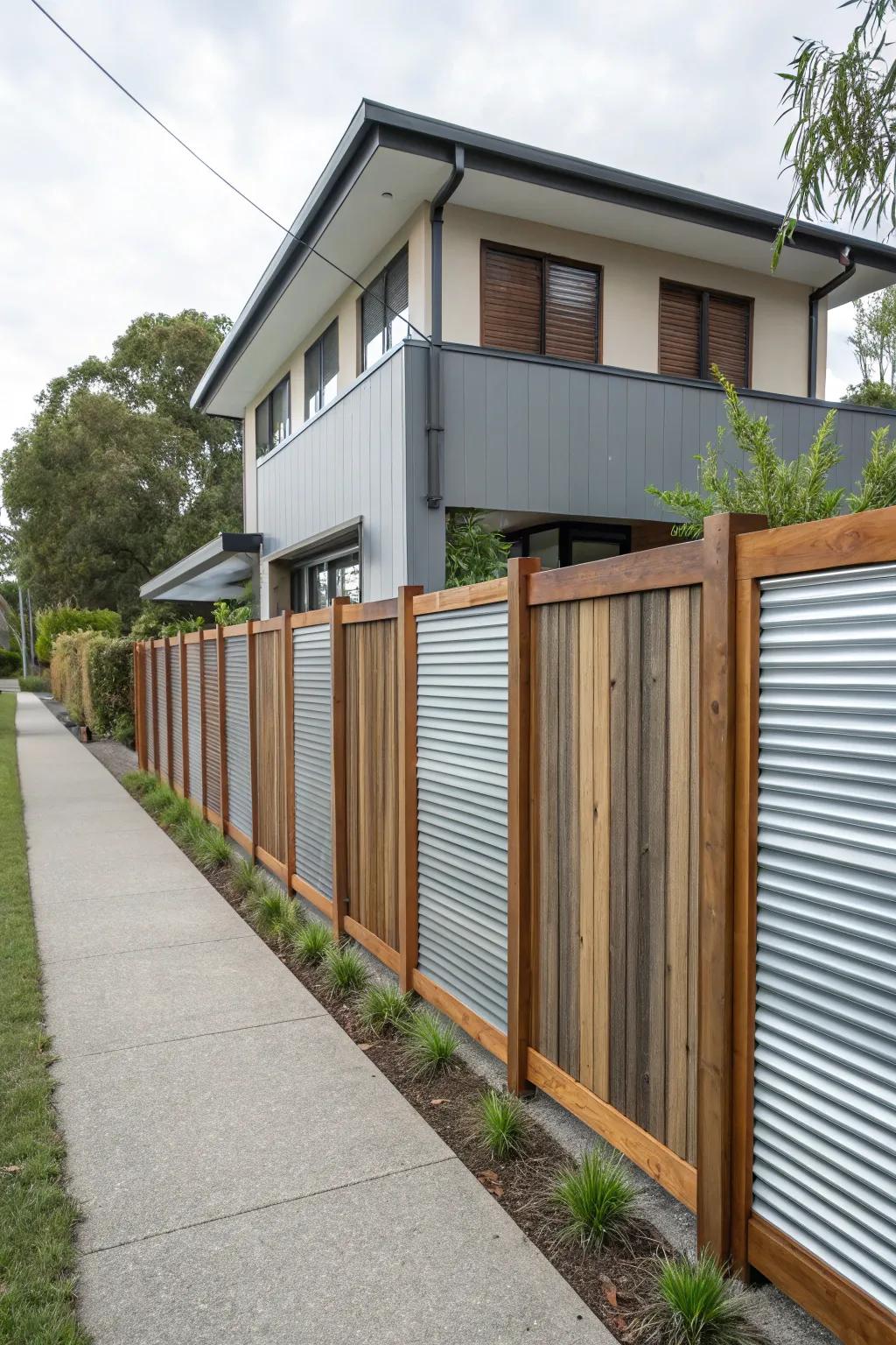 A seamless fusion of sheet metal and wood crafts an elegant boundary.