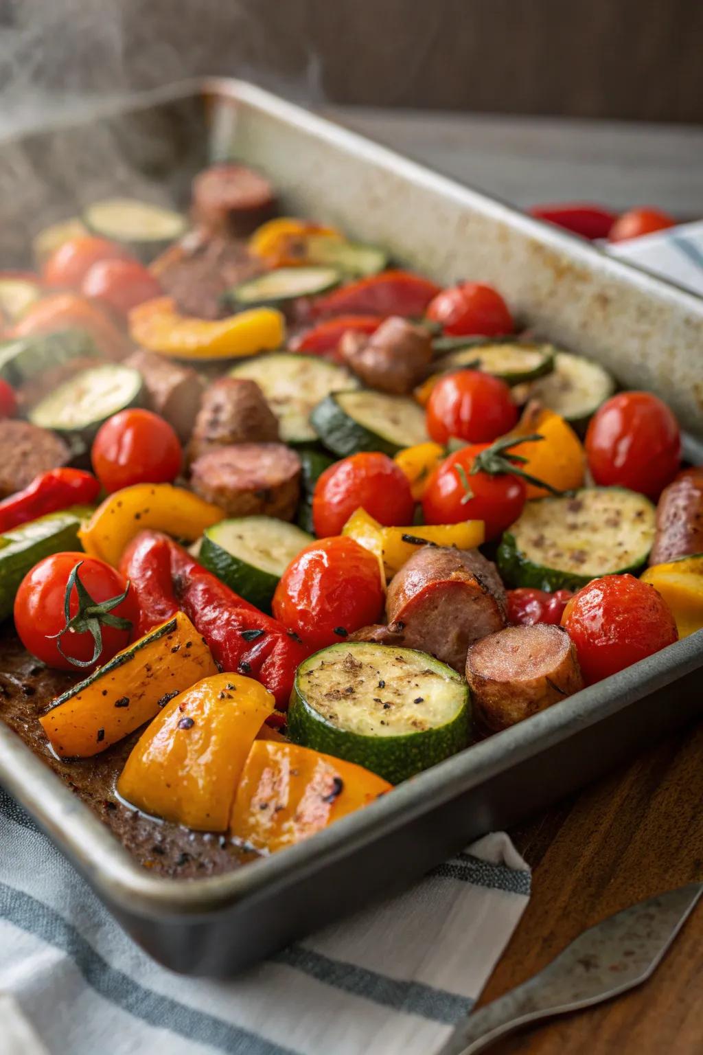 A scrumptious combination of roasted vegetables and sausage all set to be served.