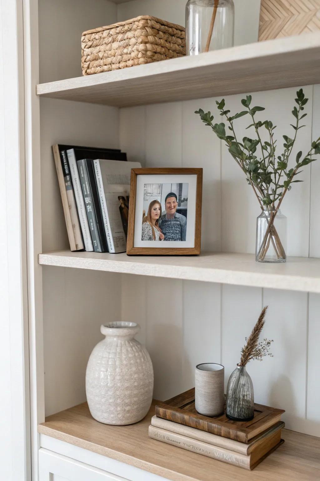 A minimalist shelf with a few carefully chosen decorations in soft colors.