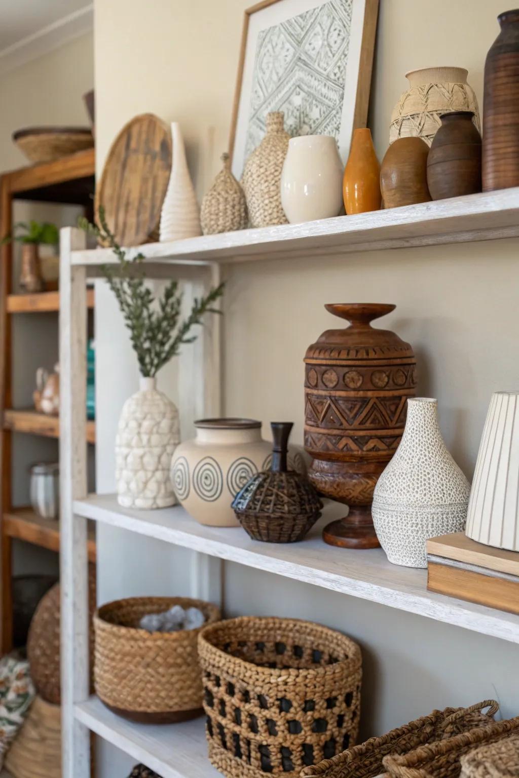 A shelf displaying a combination of ceramic vases and wood carvings, showcasing texture.