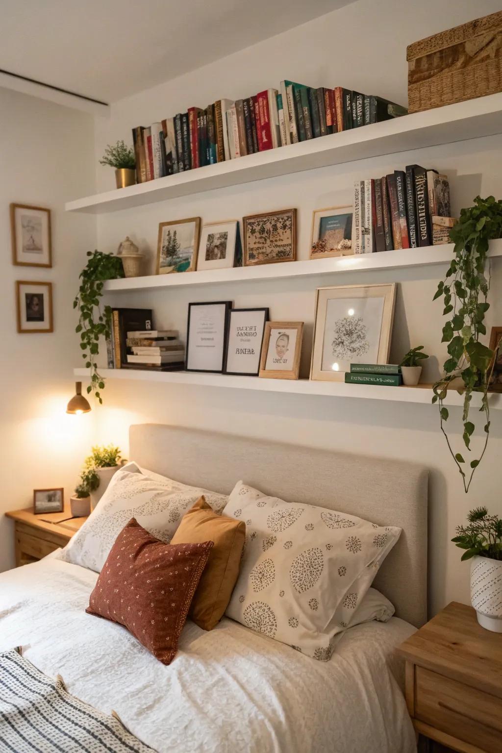 Wall-mounted shelves above the bed, keeping reading materials and decorations close at hand.