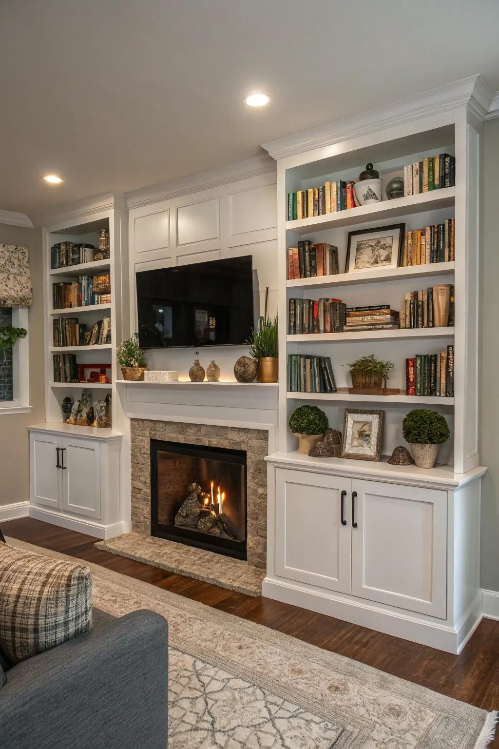 Symmetrical built-in shelves create a balanced look in the living room.