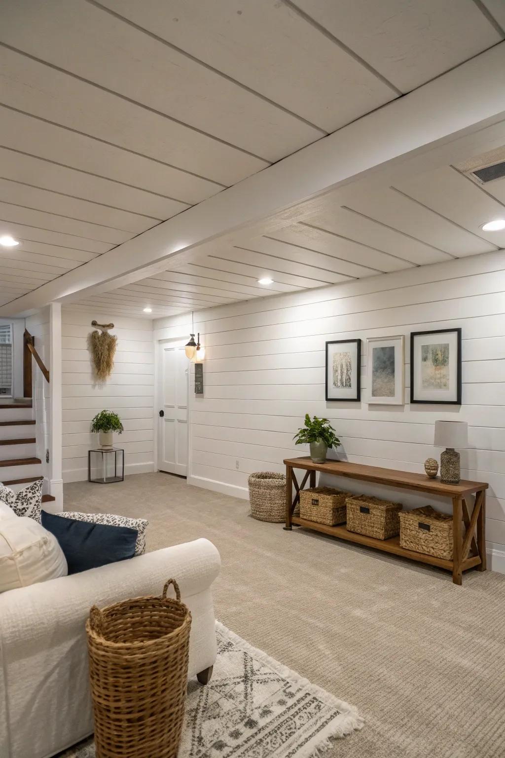 A basement featuring classic white board and batten walls and minimalist decor.