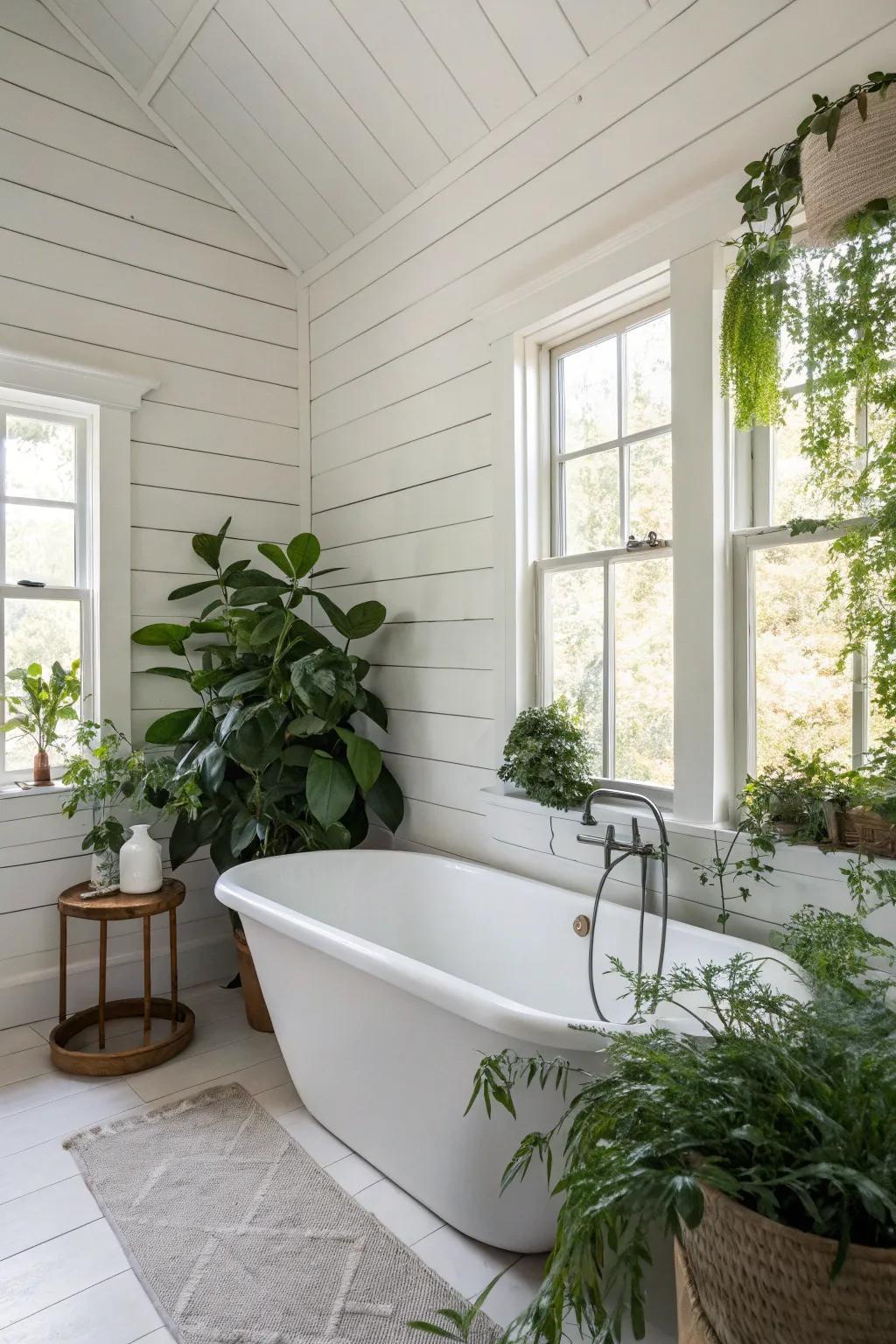 A bathroom showcasing white panel walls and a freestanding tub.