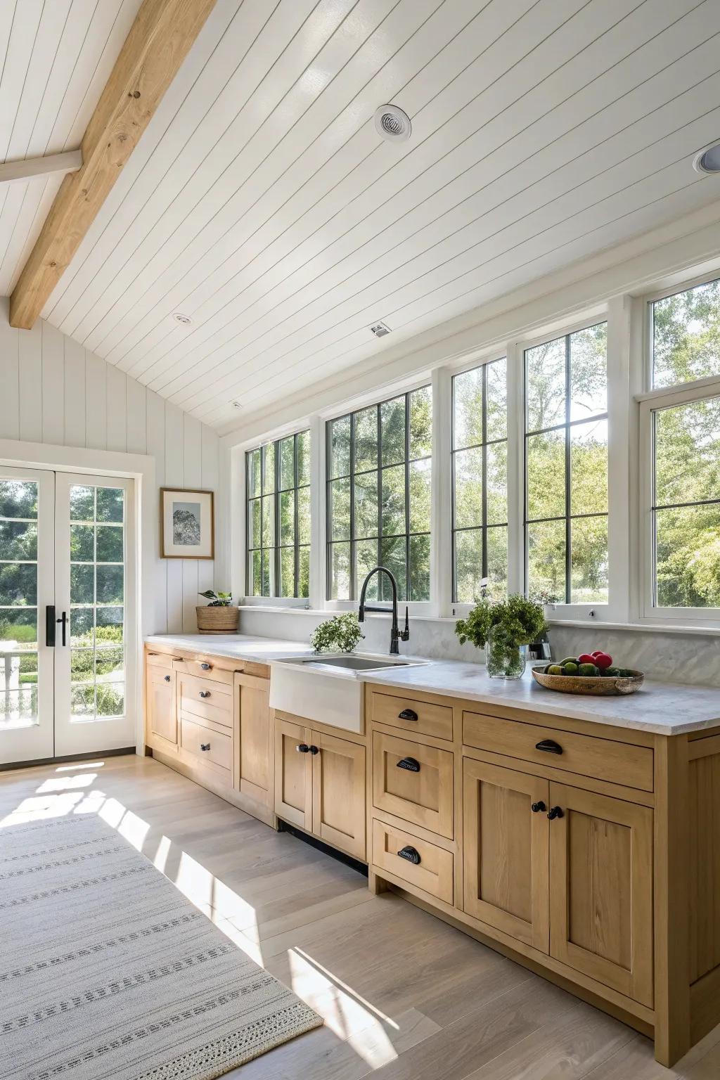 A quintessential white shiplap ceiling enhancing a sunlit kitchen.