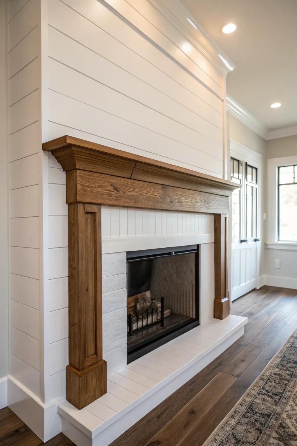 A quintessential white shiplap fireplace imparts elegance and brightness to any room.