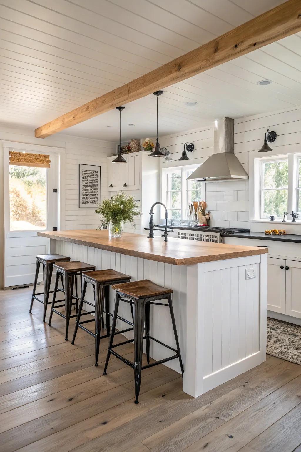 Luminous white shiplap island matched with wood countertops provides a charming feeling.