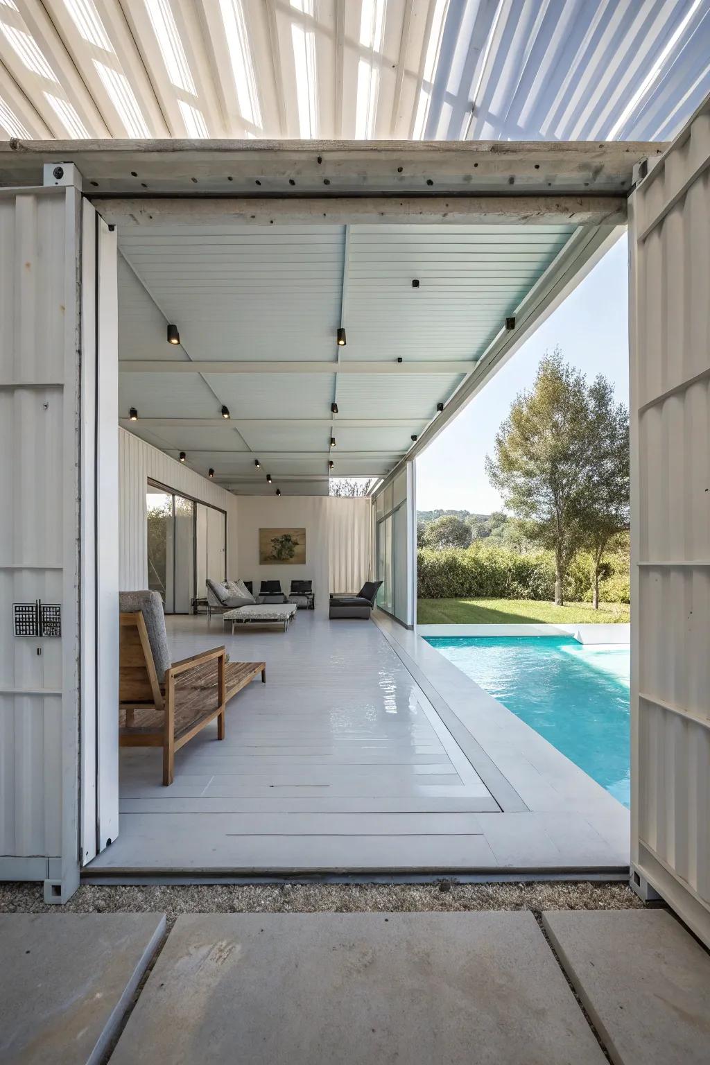 A minimalist pool house showcasing sleek design and simplicity.