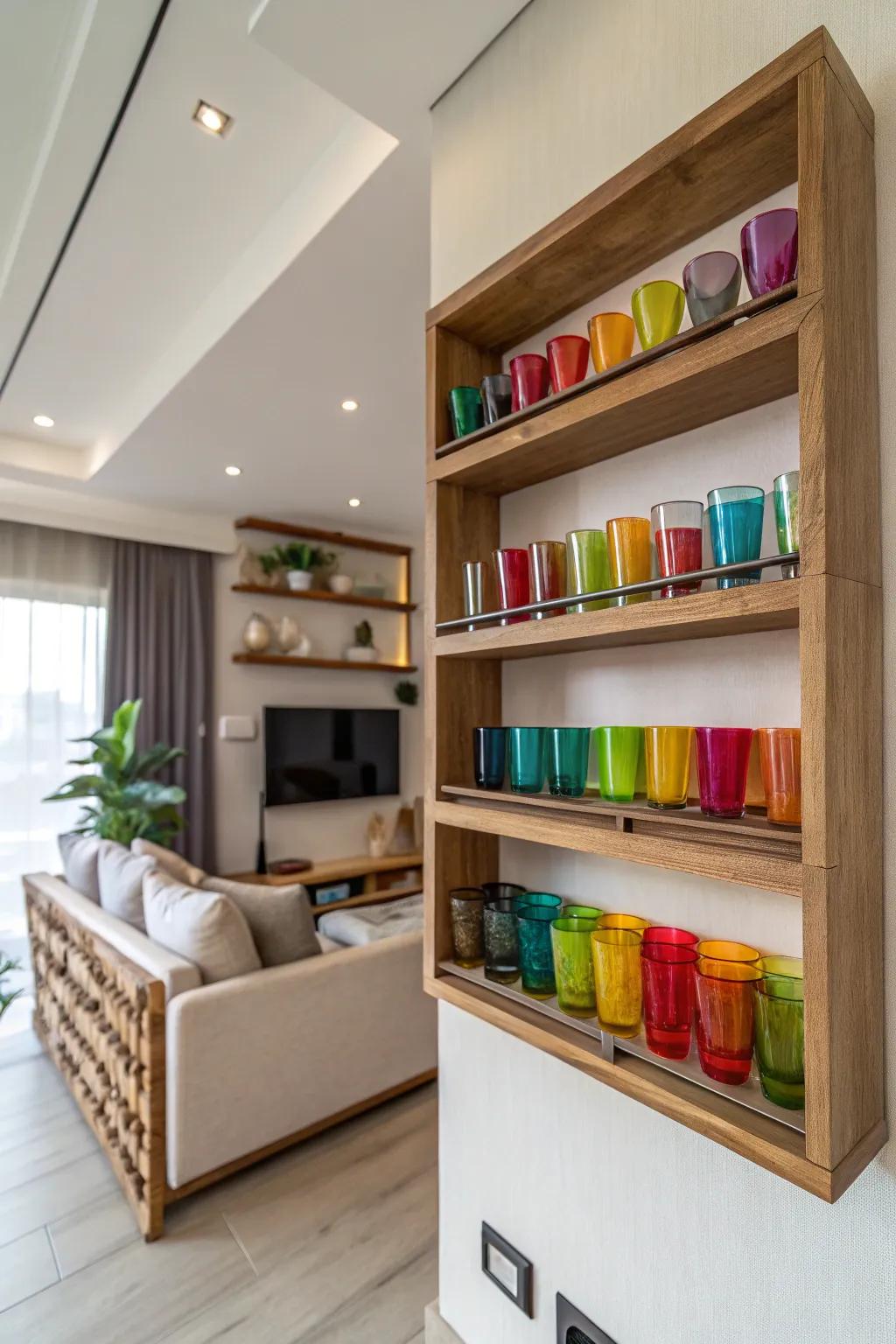 A contemporary lounge showcasing a wall-adhered lumber platform embellished with vibrant commemorative glasses.